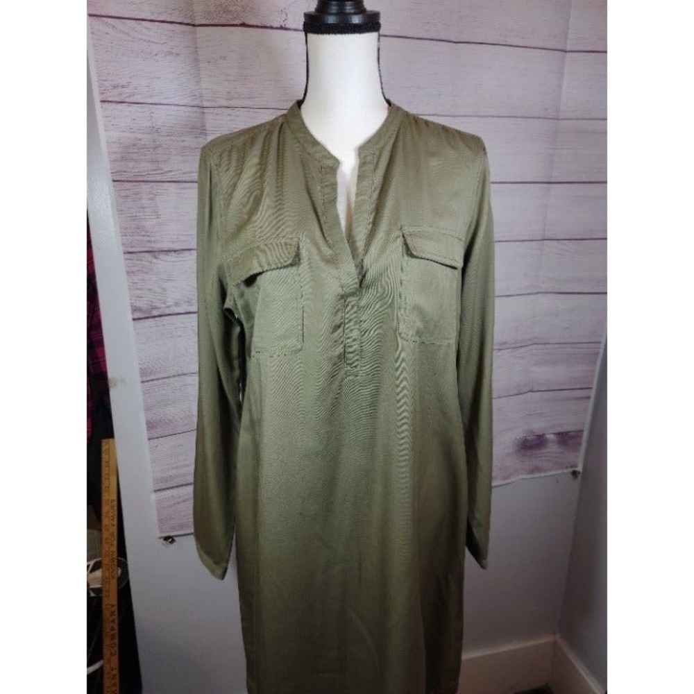 Nautica Khaki Green Mandarin Collar Shirt Dress with Orange Accent, Size M